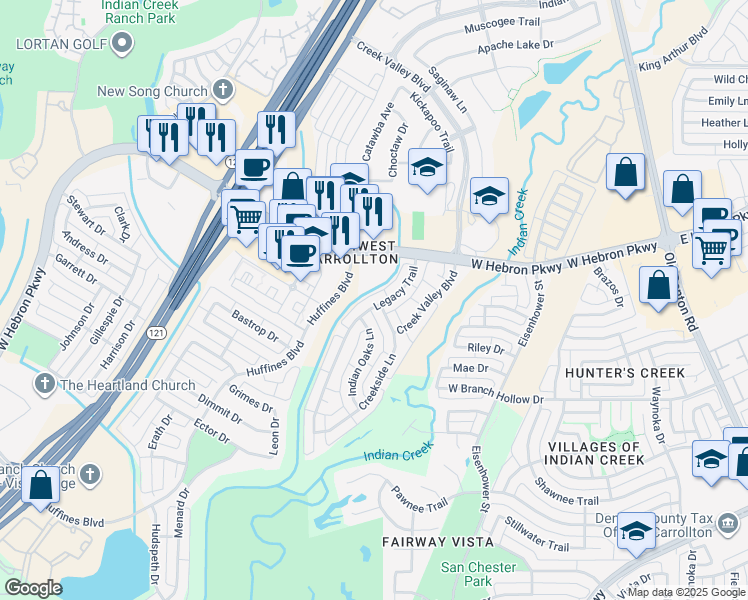 map of restaurants, bars, coffee shops, grocery stores, and more near 3964 Indian Oaks Lane in Carrollton