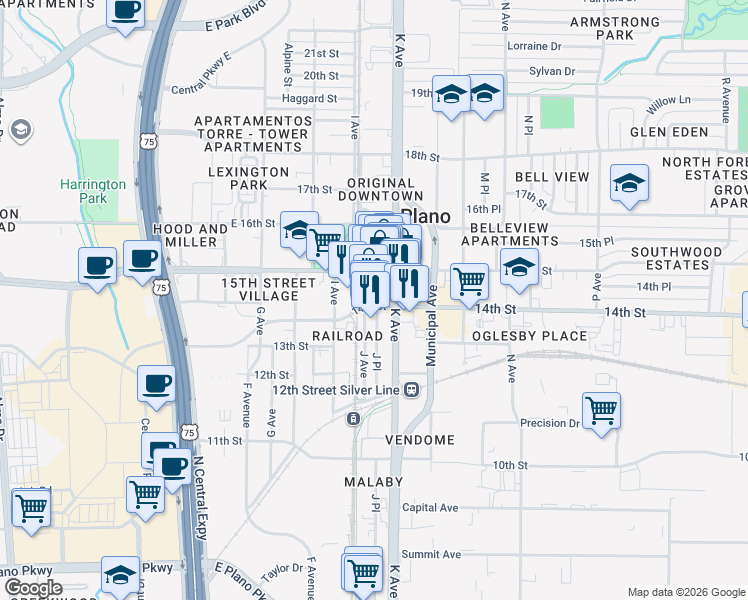 map of restaurants, bars, coffee shops, grocery stores, and more near 1001 14th Street in Plano