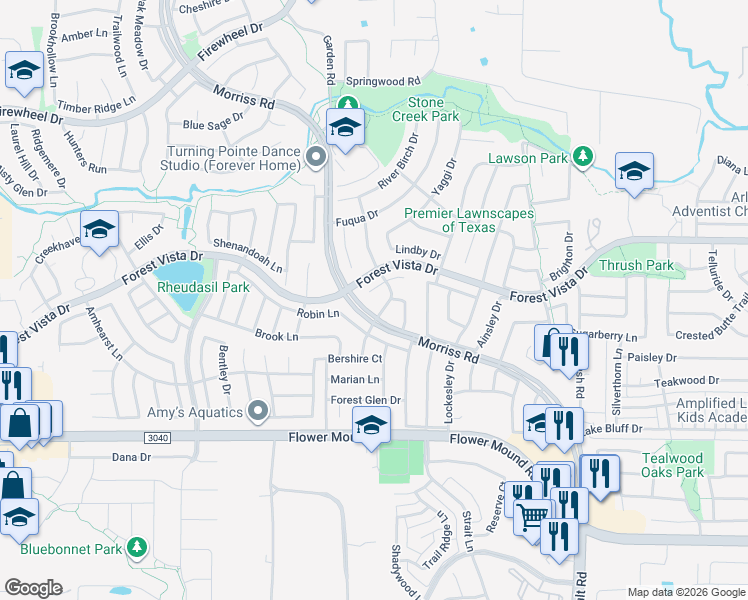 map of restaurants, bars, coffee shops, grocery stores, and more near 1708 Robin Lane in Lewisville