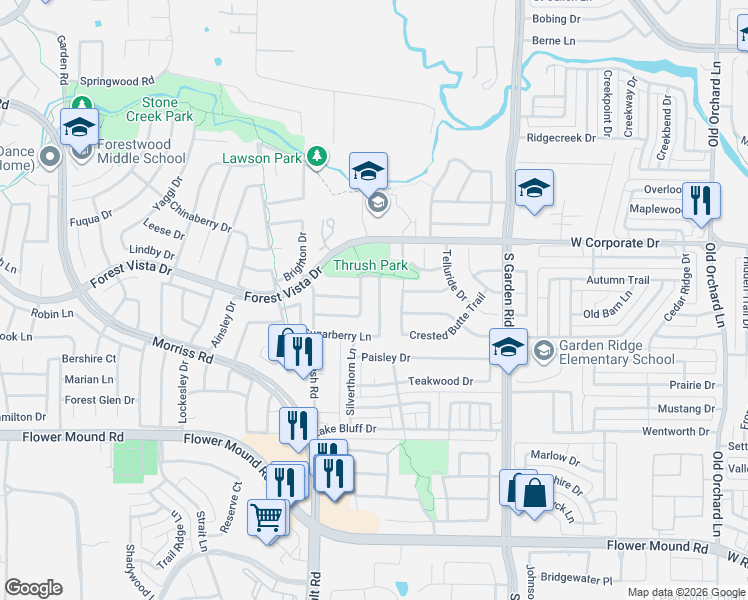 map of restaurants, bars, coffee shops, grocery stores, and more near 2317 Pinehurst Drive in Flower Mound