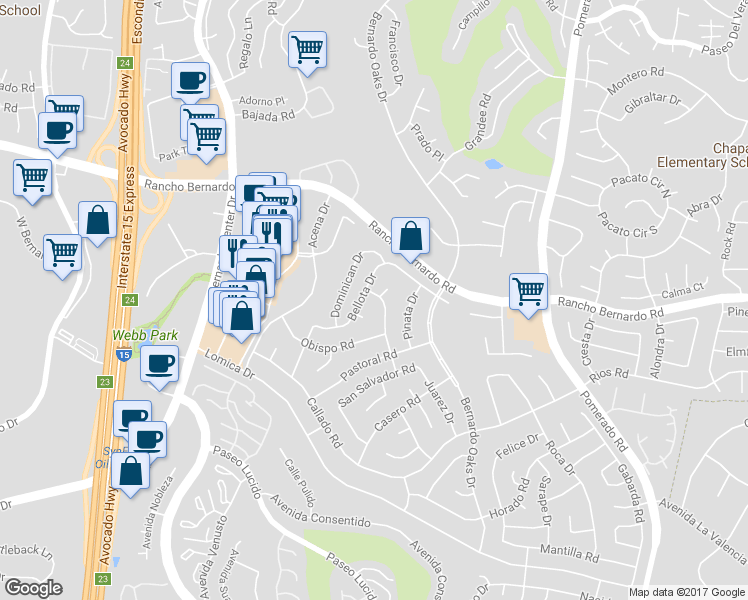 map of restaurants, bars, coffee shops, grocery stores, and more near 16866 Acebo Drive in San Diego