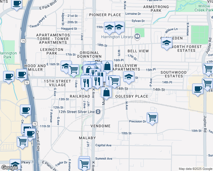 map of restaurants, bars, coffee shops, grocery stores, and more near 1201 14th Street in Plano