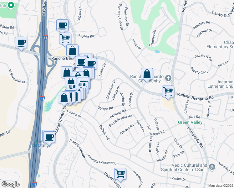 map of restaurants, bars, coffee shops, grocery stores, and more near 16887 Bellota Drive in San Diego