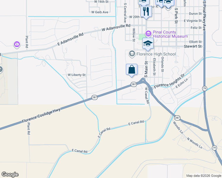 map of restaurants, bars, coffee shops, grocery stores, and more near 462 Florence-Coolidge Highway in Florence