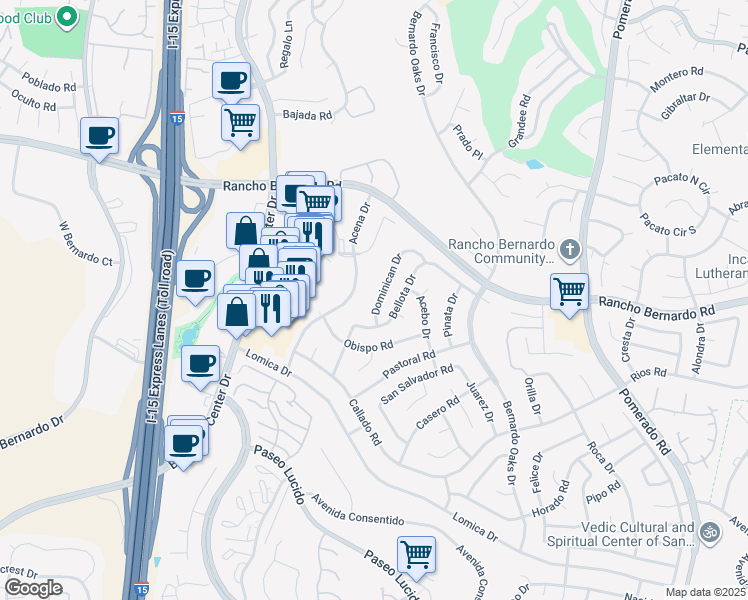 map of restaurants, bars, coffee shops, grocery stores, and more near 16846 Dominican Drive in San Diego