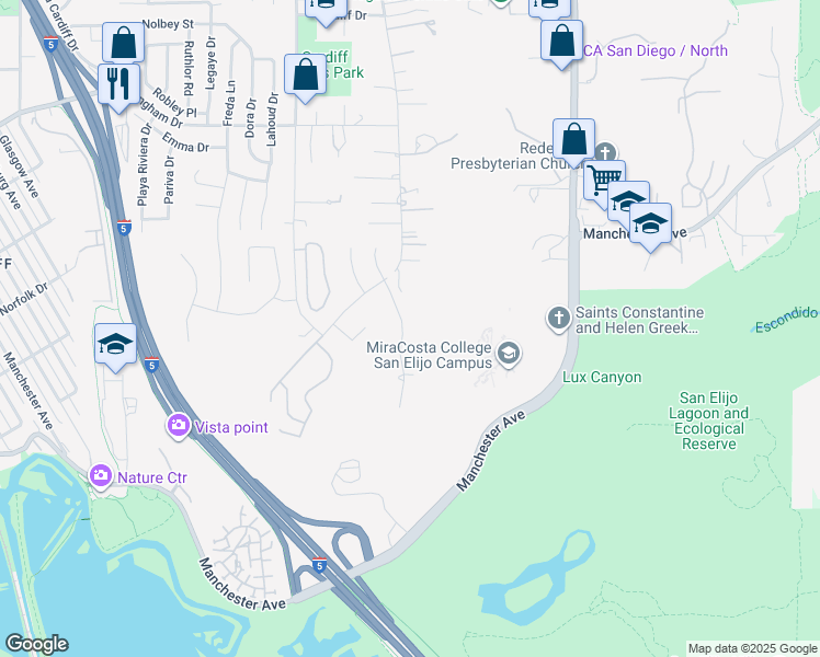 map of restaurants, bars, coffee shops, grocery stores, and more near 2204 Via Tiempo in Encinitas