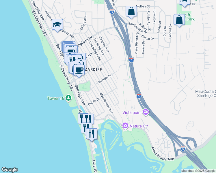 map of restaurants, bars, coffee shops, grocery stores, and more near 2416 Oxford Avenue in Encinitas
