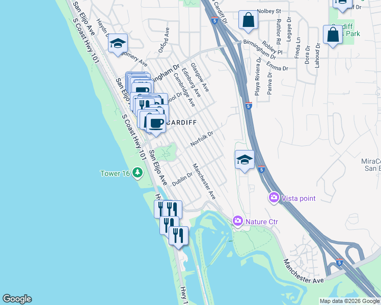 map of restaurants, bars, coffee shops, grocery stores, and more near 2367 Manchester Avenue in Encinitas