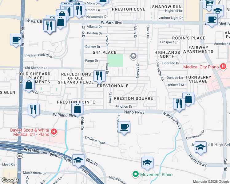 map of restaurants, bars, coffee shops, grocery stores, and more near 4457 Odessa Circle in Plano