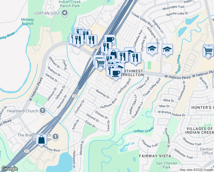map of restaurants, bars, coffee shops, grocery stores, and more near 4025 Huffines Boulevard in Carrollton