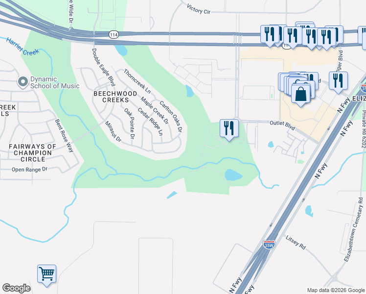 map of restaurants, bars, coffee shops, grocery stores, and more near 3004 Saddle Creek Drive in Fort Worth