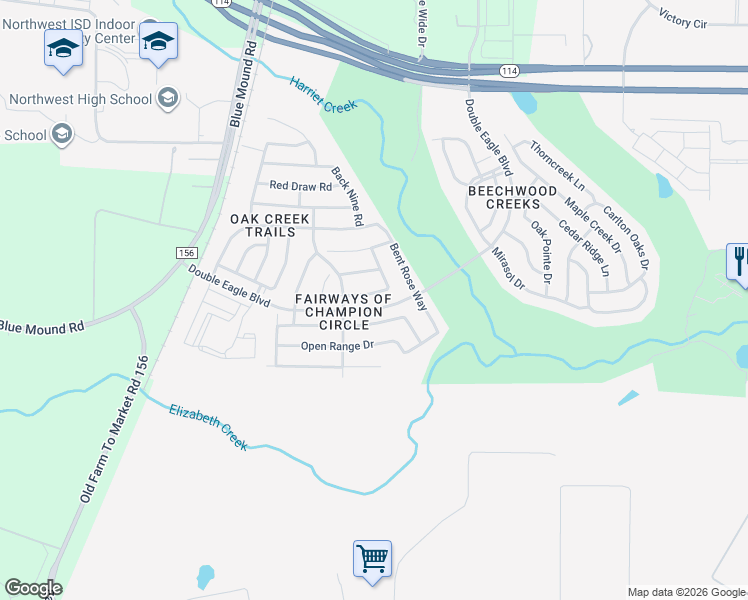 map of restaurants, bars, coffee shops, grocery stores, and more near 2513 Flowing Springs Drive in Fort Worth