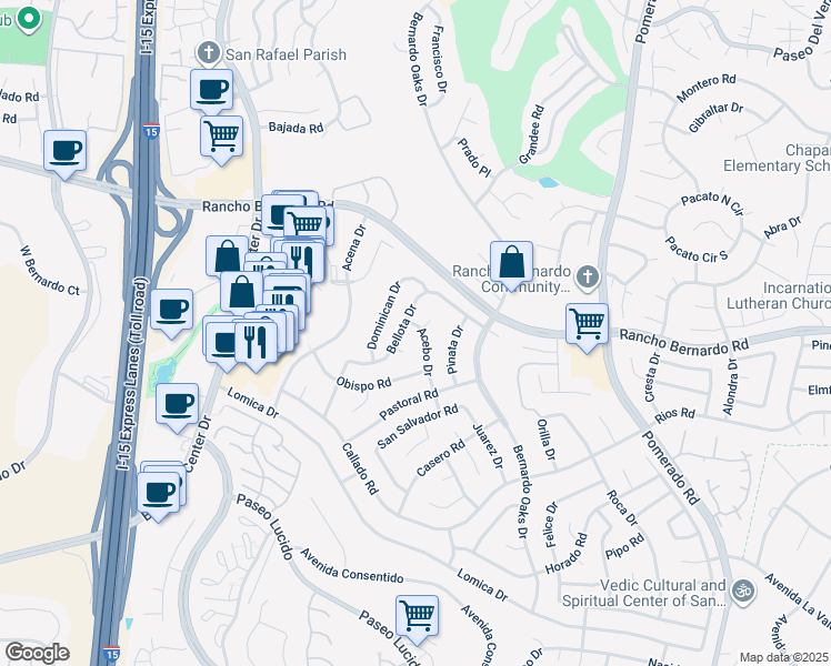 map of restaurants, bars, coffee shops, grocery stores, and more near 16866 Acebo Drive in San Diego