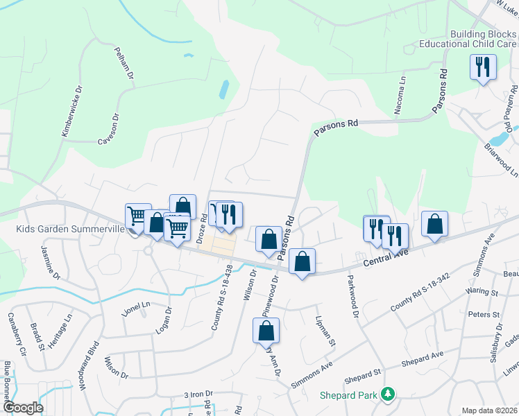 map of restaurants, bars, coffee shops, grocery stores, and more near 217 Hemingway Circle in Summerville