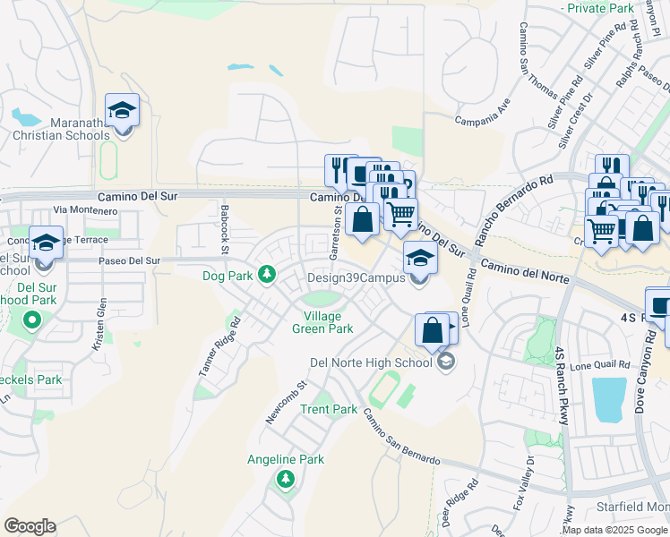 map of restaurants, bars, coffee shops, grocery stores, and more near 15118 Garretson Street in San Diego