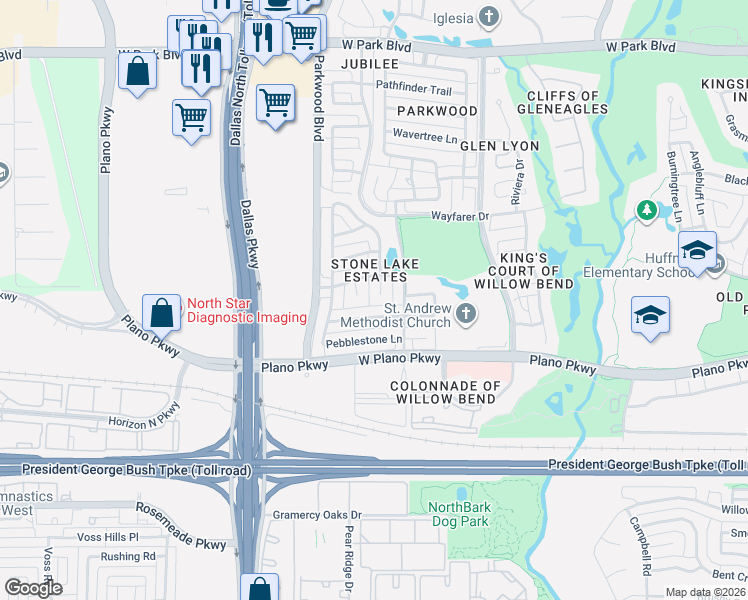map of restaurants, bars, coffee shops, grocery stores, and more near 5912 Stone Meadow Drive in Plano