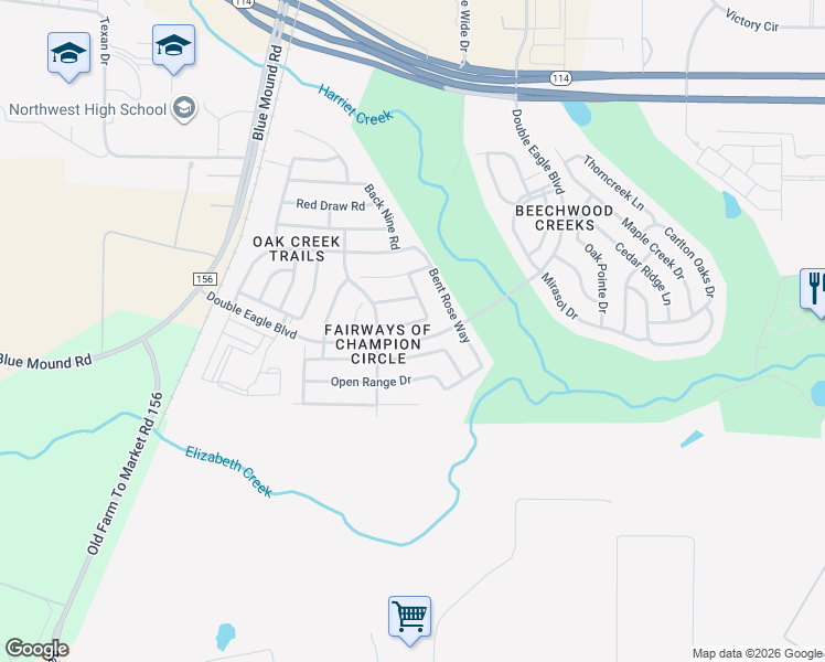 map of restaurants, bars, coffee shops, grocery stores, and more near 2520 Maple Stream Drive in Fort Worth