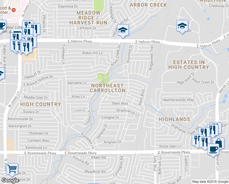 map of restaurants, bars, coffee shops, grocery stores, and more near 2006 Whitehurst Lane in Carrollton