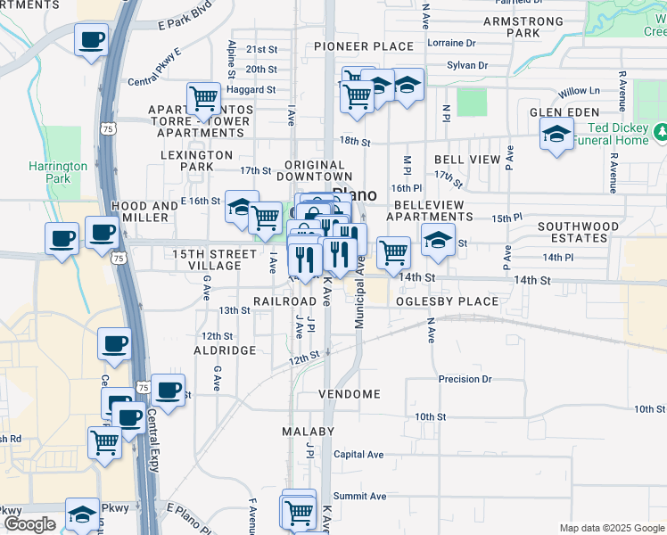 map of restaurants, bars, coffee shops, grocery stores, and more near 1410 K Avenue in Plano