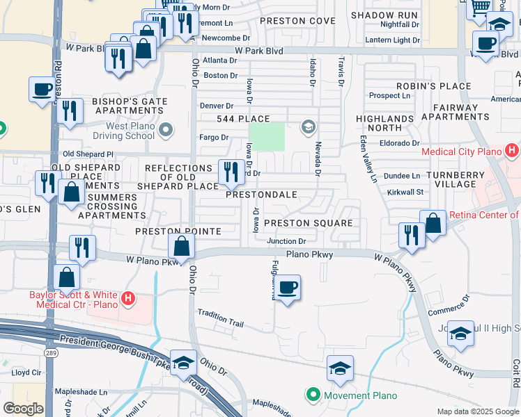 map of restaurants, bars, coffee shops, grocery stores, and more near 1424 Iowa Drive in Plano