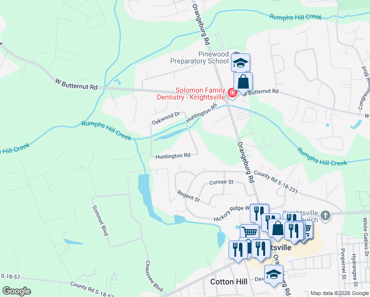map of restaurants, bars, coffee shops, grocery stores, and more near 305 Huntington Road in Summerville