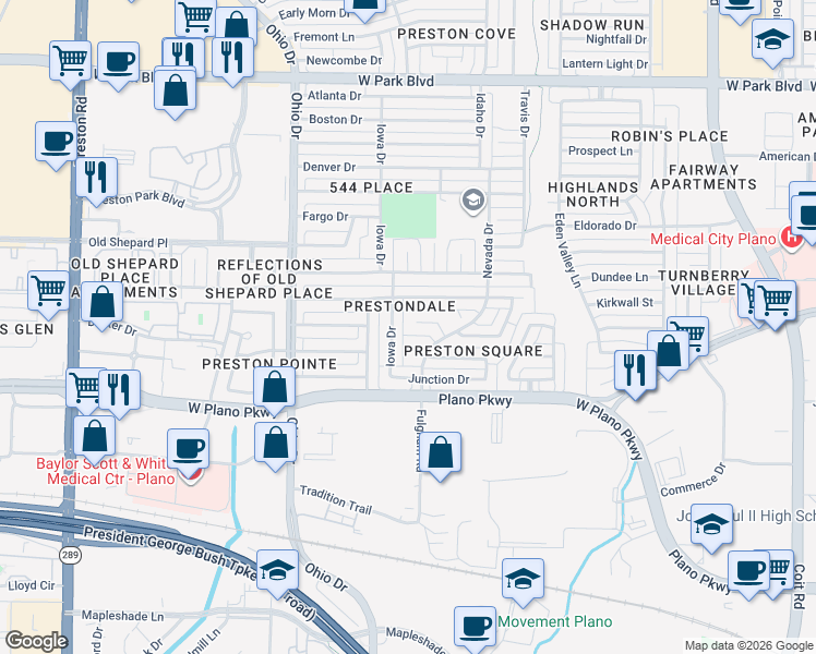 map of restaurants, bars, coffee shops, grocery stores, and more near 4457 Odessa Circle in Plano