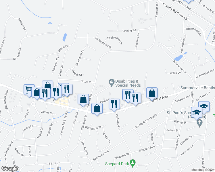 map of restaurants, bars, coffee shops, grocery stores, and more near 117 Canvasback Drive in Summerville
