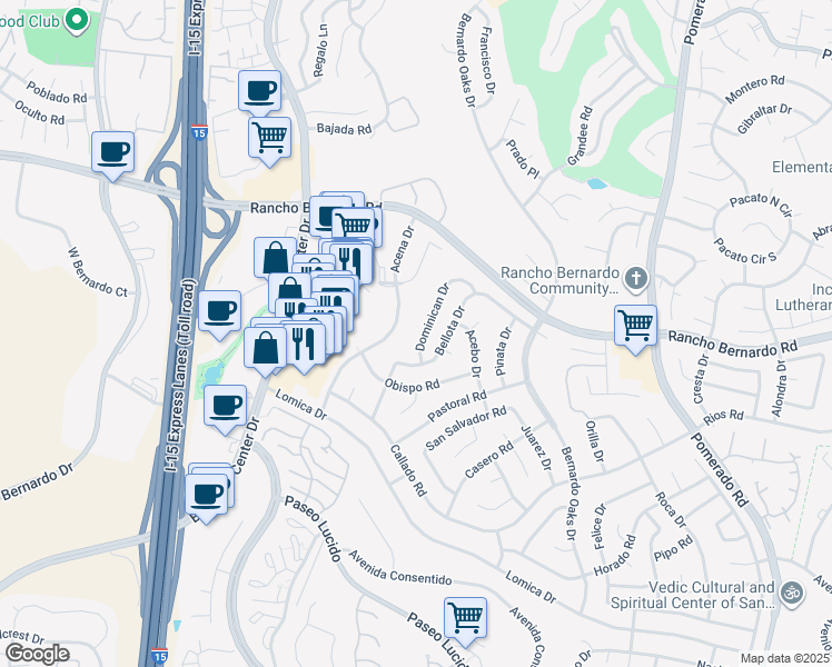 map of restaurants, bars, coffee shops, grocery stores, and more near 16846 Dominican Drive in San Diego