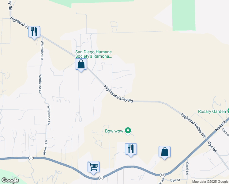 map of restaurants, bars, coffee shops, grocery stores, and more near 18910 Highland Valley Road in Ramona
