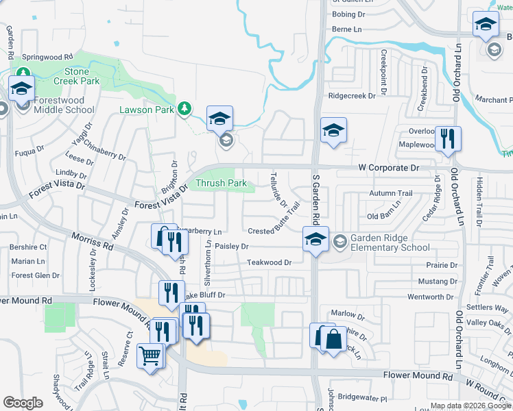 map of restaurants, bars, coffee shops, grocery stores, and more near 817 Saddleback Lane in Flower Mound
