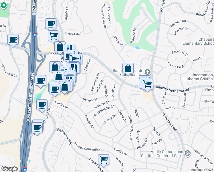 map of restaurants, bars, coffee shops, grocery stores, and more near 16859 Acebo Drive in San Diego