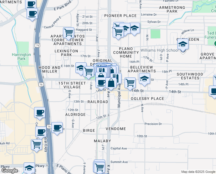 map of restaurants, bars, coffee shops, grocery stores, and more near 1409 K Avenue in Plano