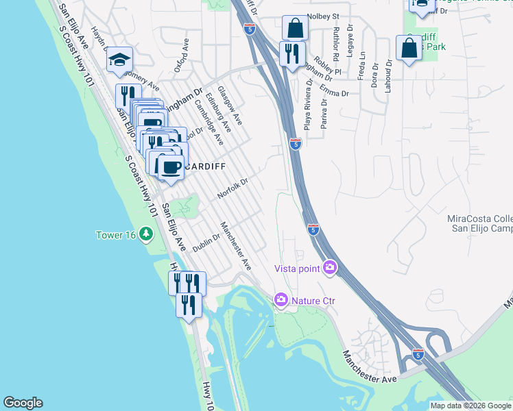 map of restaurants, bars, coffee shops, grocery stores, and more near 2374 Cambridge Avenue in Encinitas