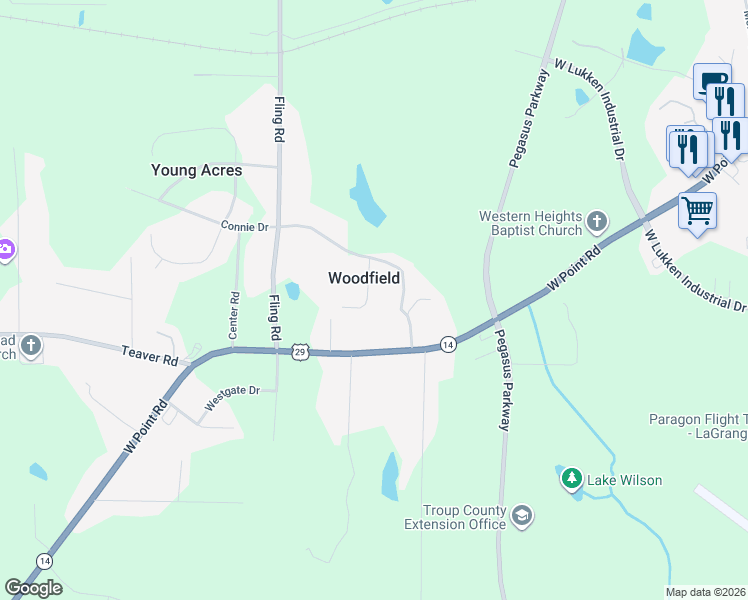map of restaurants, bars, coffee shops, grocery stores, and more near 25 Horace Carter Road in LaGrange