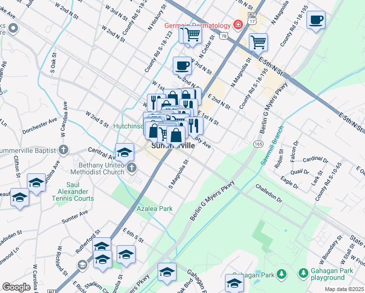 map of restaurants, bars, coffee shops, grocery stores, and more near 117 South Main Street in Summerville