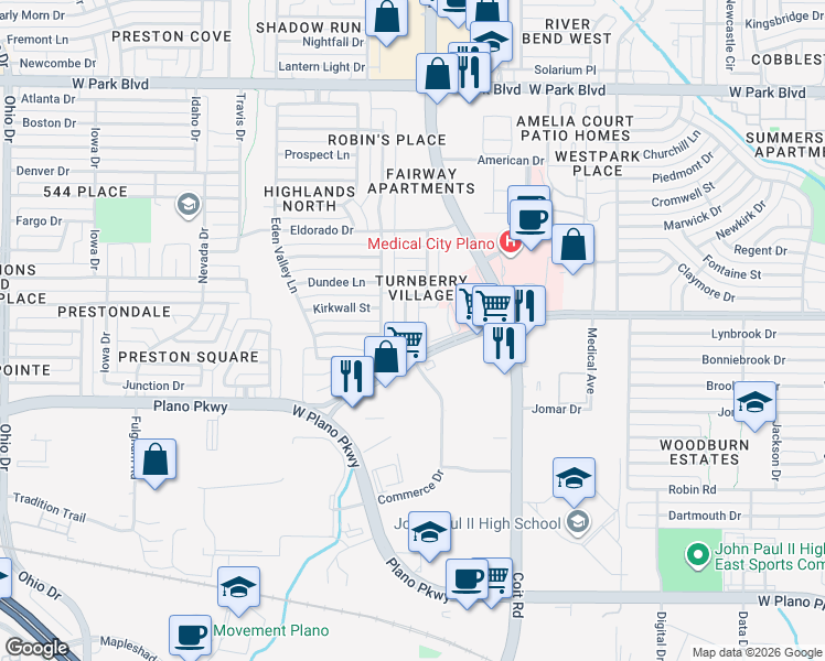 map of restaurants, bars, coffee shops, grocery stores, and more near 1416 Commerce Drive in Plano