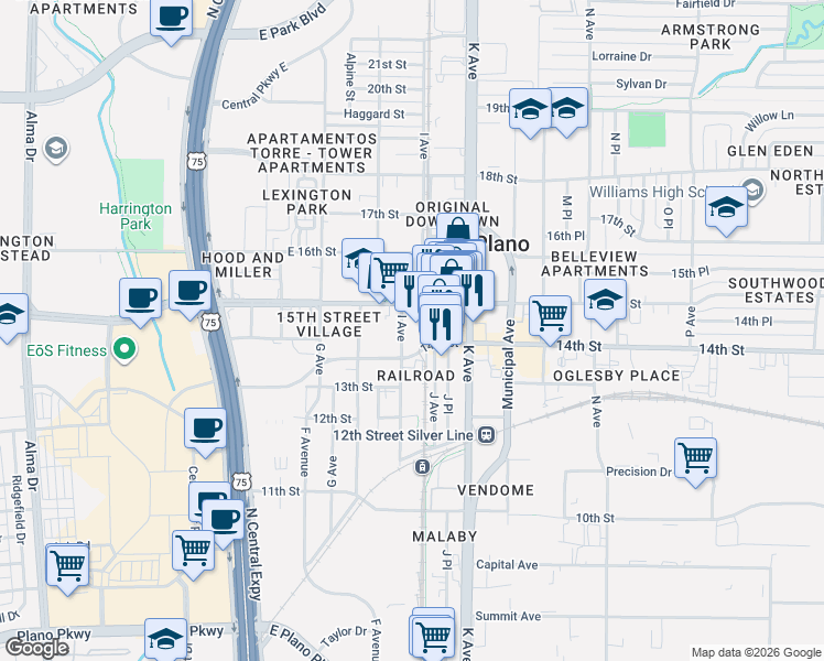 map of restaurants, bars, coffee shops, grocery stores, and more near 930 East 15th Street in Plano