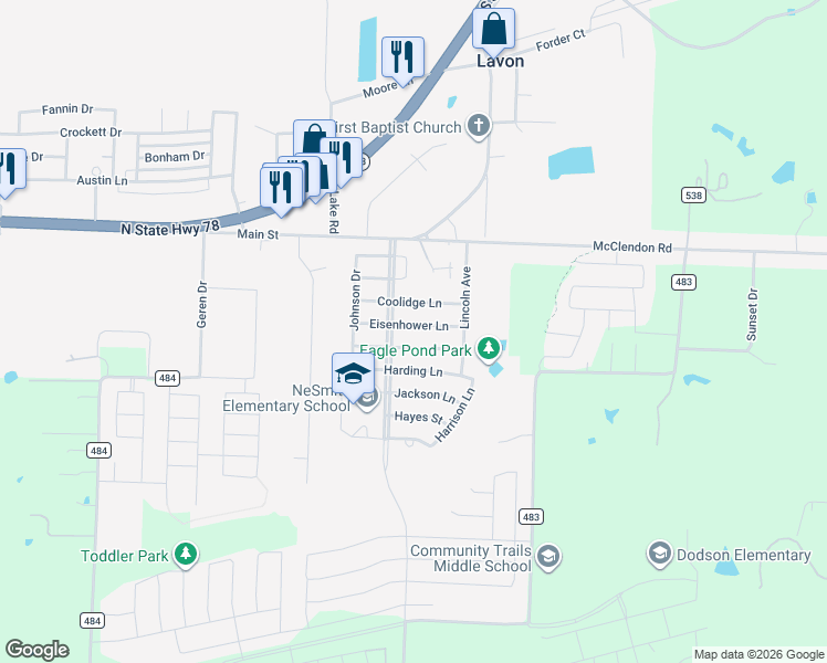 map of restaurants, bars, coffee shops, grocery stores, and more near 490 Coolidge Lane in Lavon