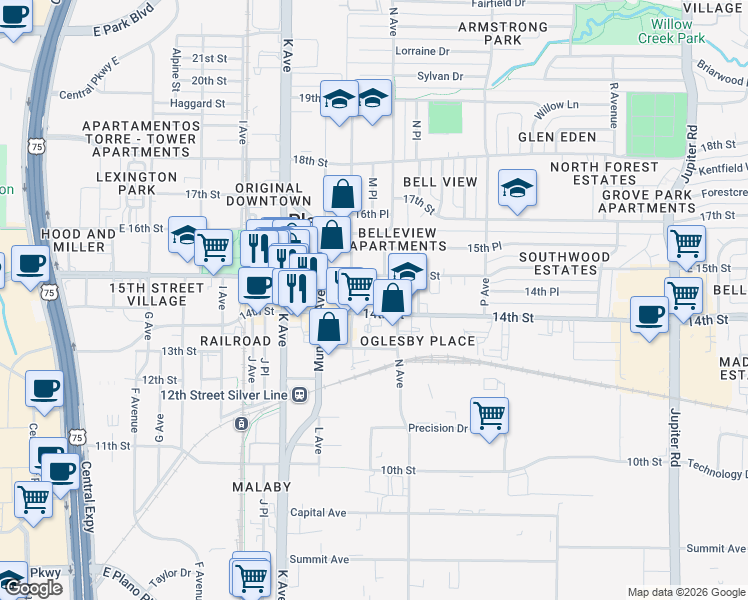map of restaurants, bars, coffee shops, grocery stores, and more near 1345 14th Street in Plano