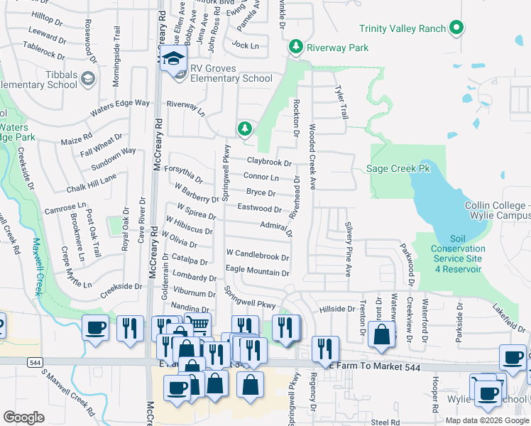 map of restaurants, bars, coffee shops, grocery stores, and more near 3011 Bryce Drive in Wylie