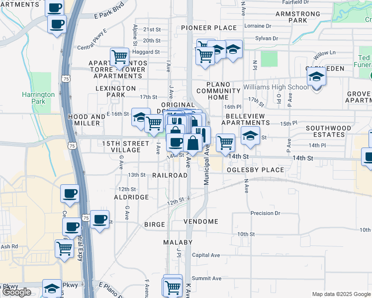 map of restaurants, bars, coffee shops, grocery stores, and more near 1409 K Avenue in Plano
