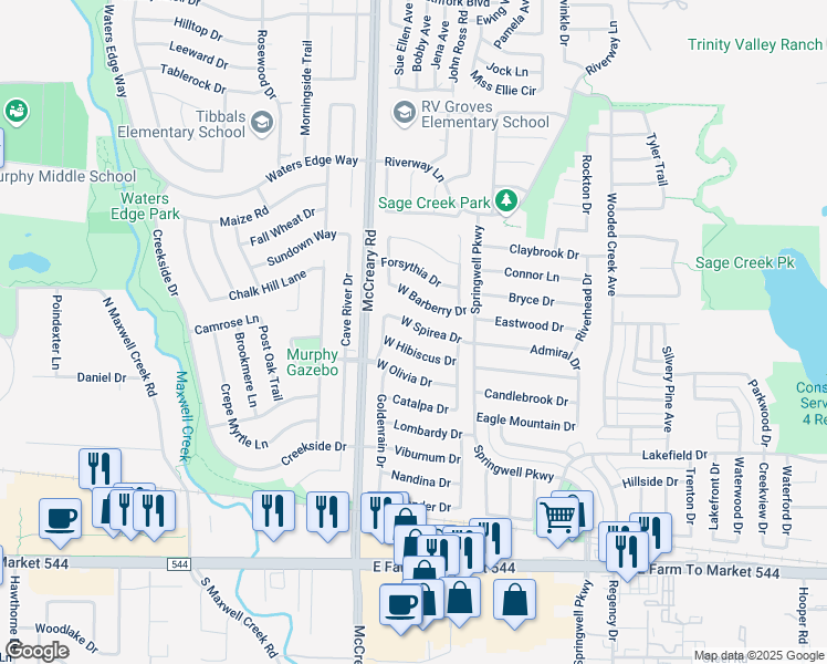 map of restaurants, bars, coffee shops, grocery stores, and more near 3602 West Spirea Drive in Wylie