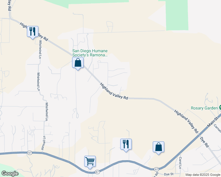map of restaurants, bars, coffee shops, grocery stores, and more near 18910 Highland Valley Road in Ramona