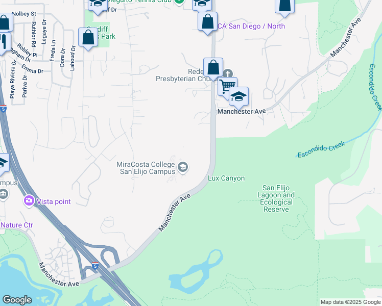 map of restaurants, bars, coffee shops, grocery stores, and more near 3459 Manchester Avenue in Encinitas