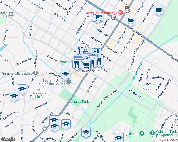 map of restaurants, bars, coffee shops, grocery stores, and more near in Summerville