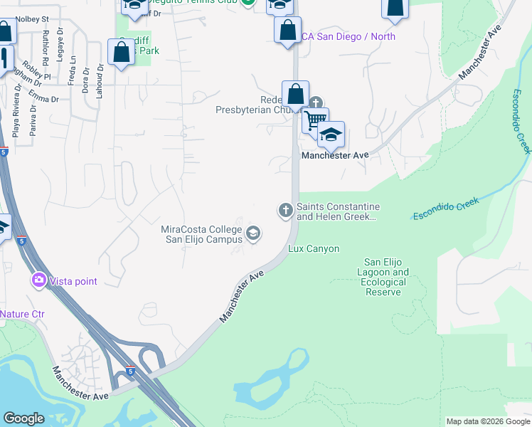 map of restaurants, bars, coffee shops, grocery stores, and more near 3459 Manchester Ave in Cardiff By The Sea