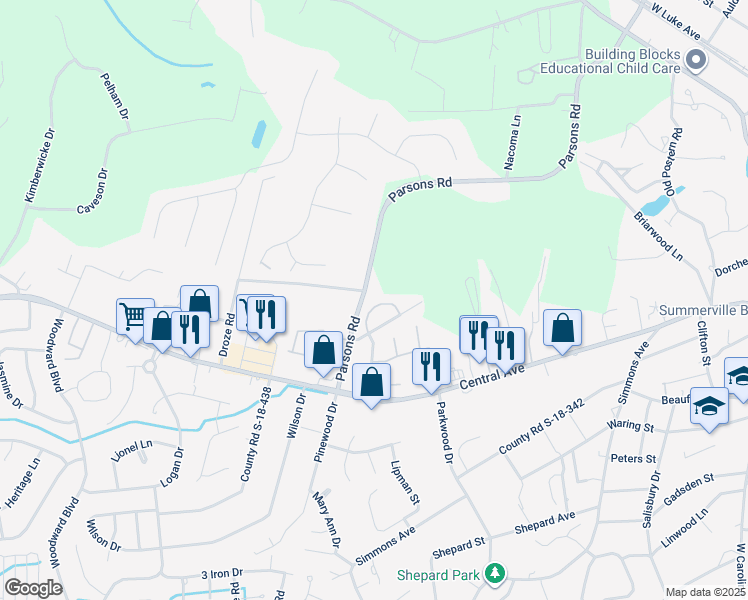 map of restaurants, bars, coffee shops, grocery stores, and more near 125 Woodduck Drive in Summerville