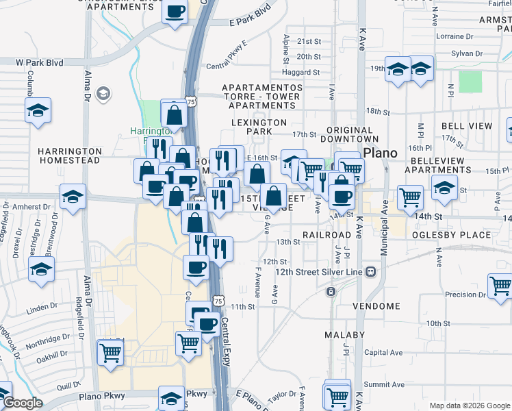 map of restaurants, bars, coffee shops, grocery stores, and more near 700 East 15th Street in Plano