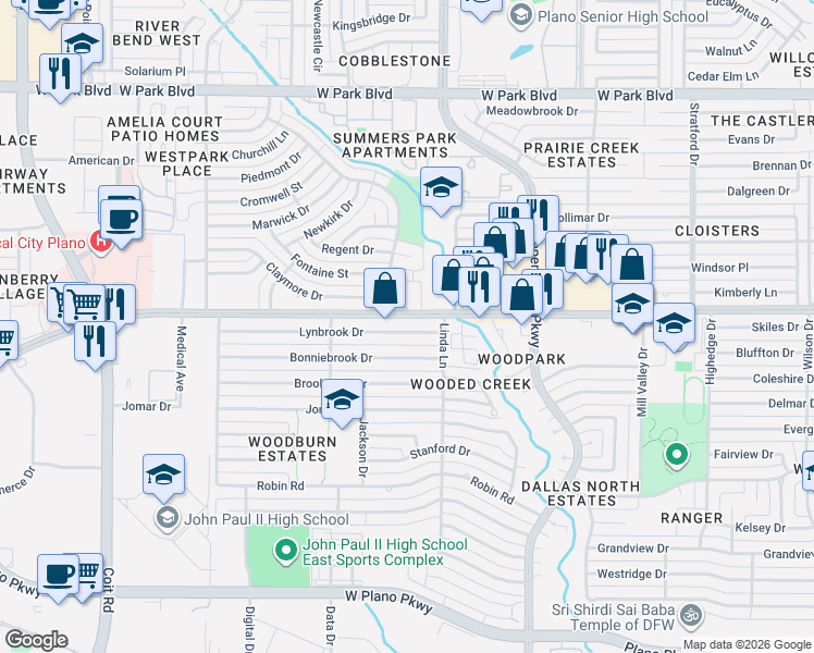 map of restaurants, bars, coffee shops, grocery stores, and more near 3201 West 15th Street in Plano