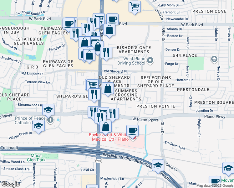 map of restaurants, bars, coffee shops, grocery stores, and more near 1500 Preston Road in Plano